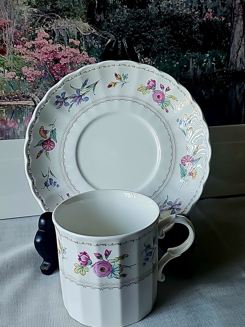 Mikasa White Porcelain Cup & Saucer with Pink & Purple Floral Motif
